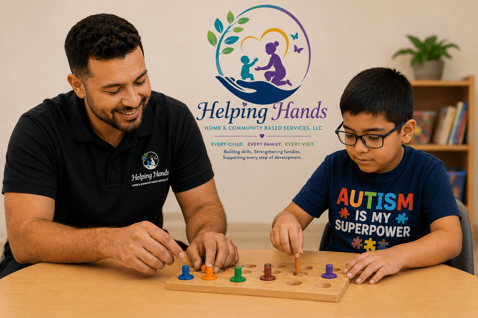 Therapist guiding a toddler through a fine motor activity.