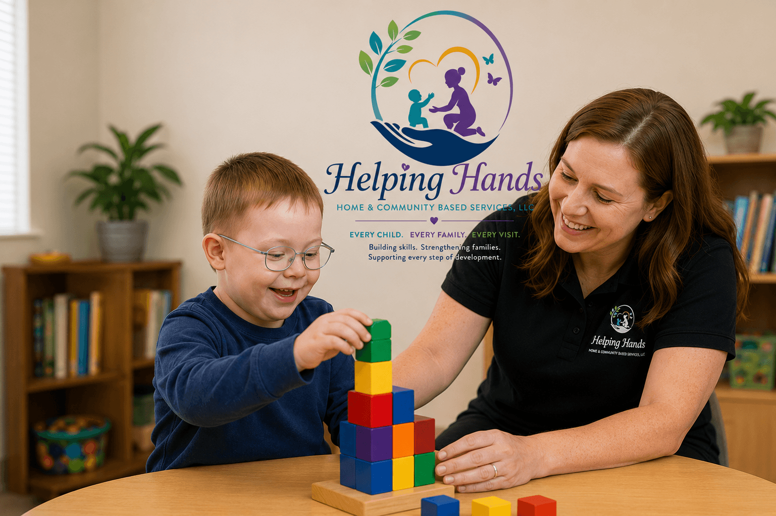Therapist supporting a child during a developmental activity.